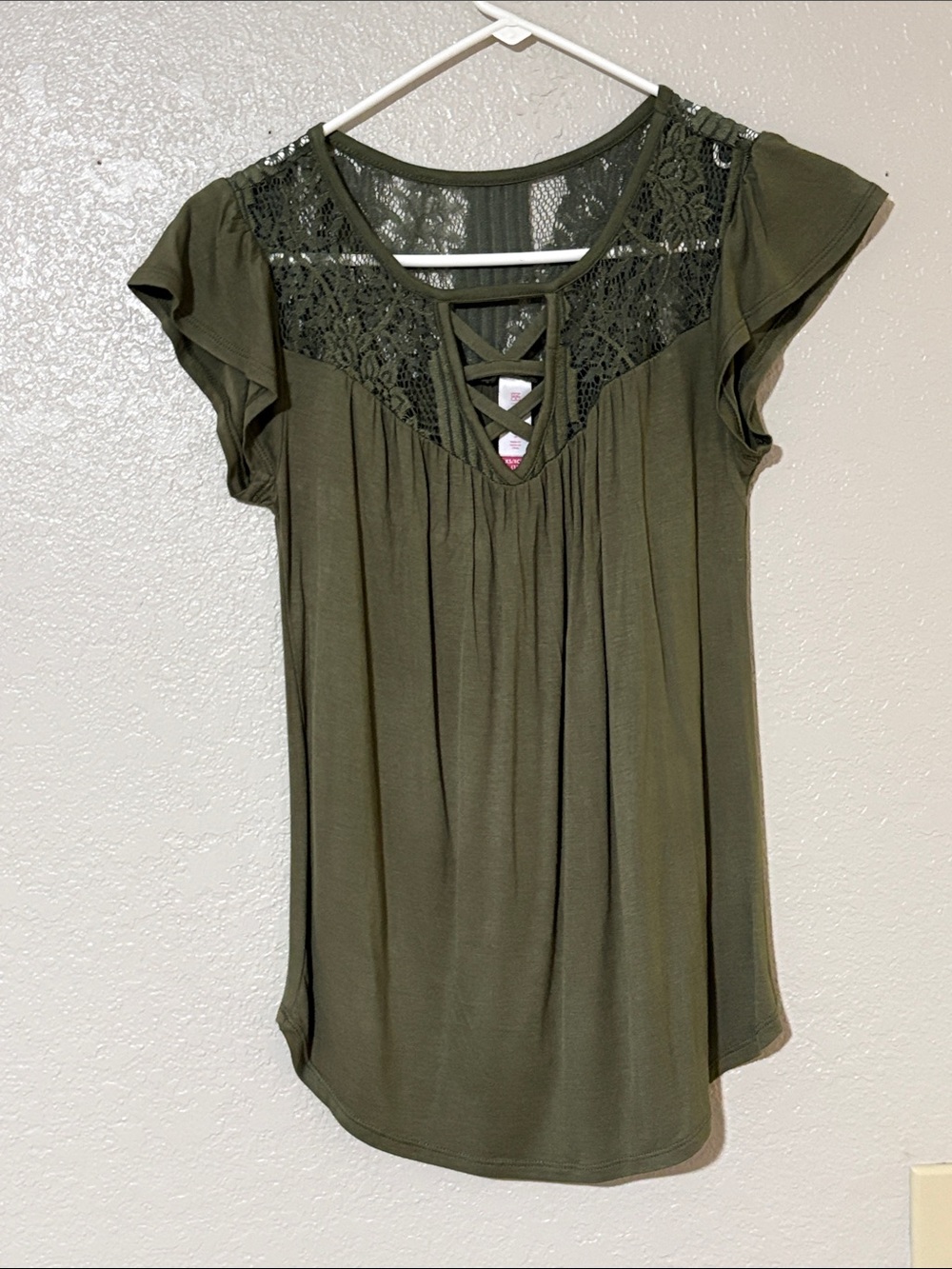 Women's Olive Green Lace Yoke Flutter Sleeve Top